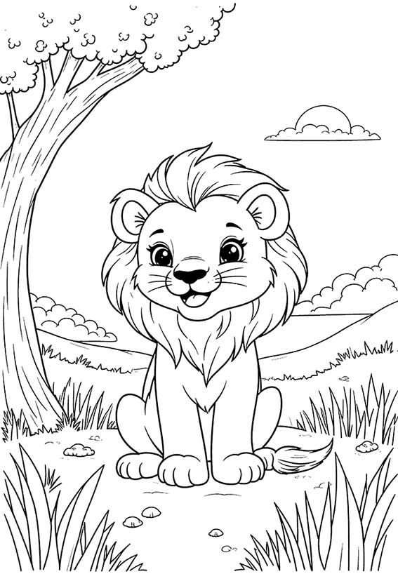 Cute lion during sunset coloring page